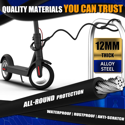 E Scooter Schloss, Doppelter Zahlenschloss mit 4-Stellig Code, Schloss für E Scooter, 105cm/12mm Kabelschloss Wasserdichtes, Anti-Diebstahl E Roller Schloss, Hochsicheres Fahrradschloss