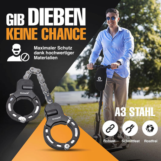 firstsafe® E Scooter Schloss | Handschellenschloss für den E Scooter | schnittfest & mit Silikon | Ideales Roller Schloss (56 cm mit Tasche)